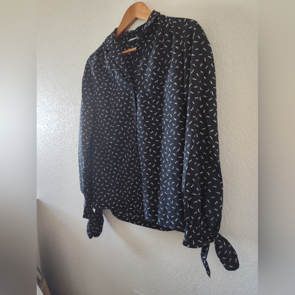 Vintage Lady Manhattan dancing deer tie sleeve blouse szL - Picture 5 of 7